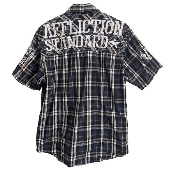 Affliction Mens Y2K Grunge Plaid Button Up Shirt Size XL Embroidered Graphic Alt - Picture 3 of 13
